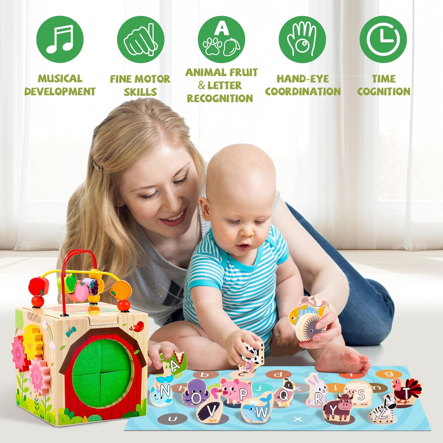 Wooden Activity Cube with Map Farm Game and Mystery Box | Montessori Toys for 1 2 3 Year Old Toddlers | Baby Toys 12-18 Months | First Birthday Gifts for Girls & Boys