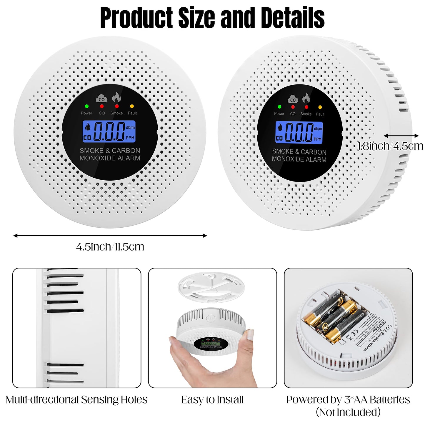 GQIRIL Smoke and Carbon Monoxide Detector - 2-in-1 Fire CO Smoke Alarm Combo Battery Powered, Portable Dual Sensor Warning Light with Digital Display for Cars Kitchen Home Garage (No Battery) 2 Pack