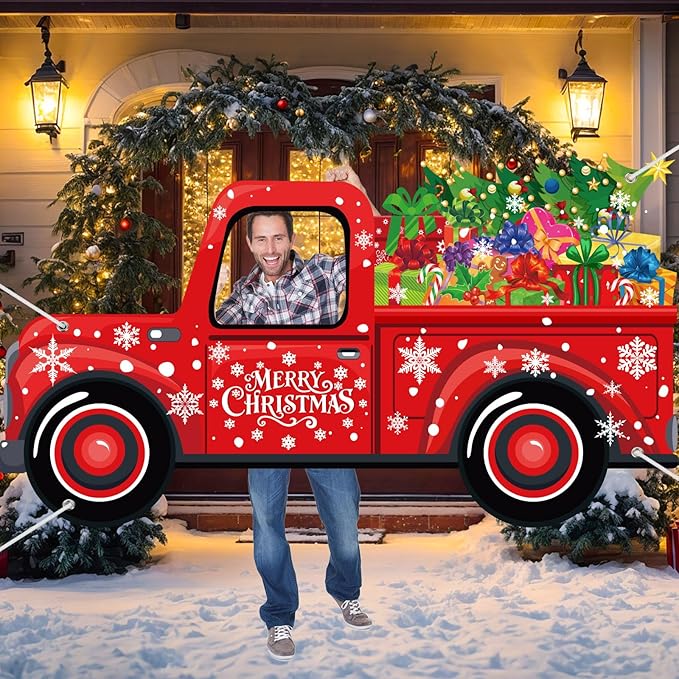 Panelee Christmas Truck Photo Props Xmas Gifts Truck Selfie Frame Backdrop Banner Merry Christmas Car Backdrop Decorations...
