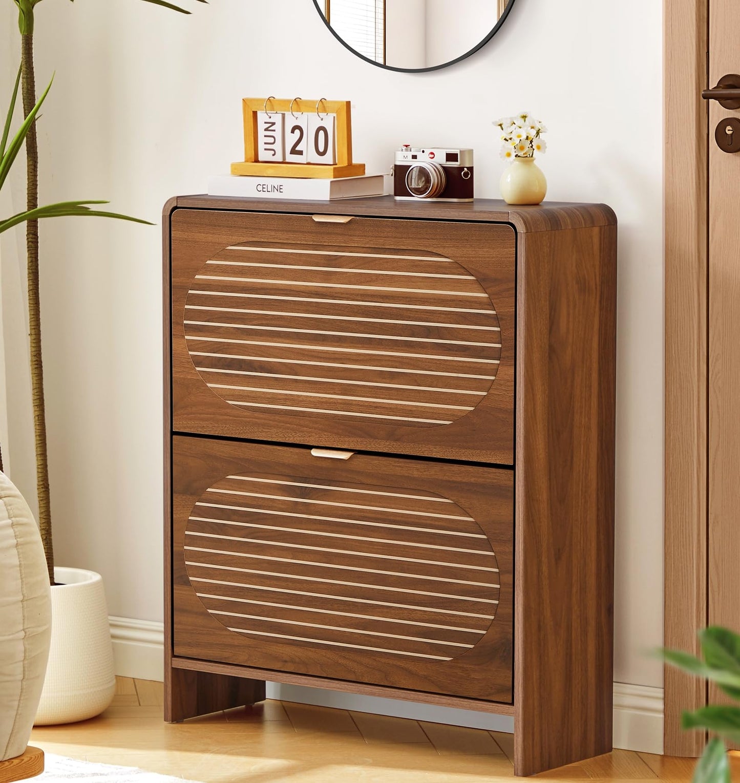 RUSTYER Narrow Shoe Storage Cabinet for Entryway with 2 Flip Drawers, Freestanding Wood Shoe Cabinet with Arched Stripe Panel, Curved Edge Shoe Organizer Closed Shoe Rack for Hallway, Foyer (Walnut)