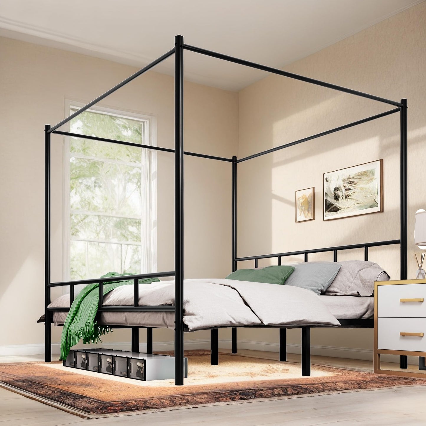 DWVO King Size Canopy Bed Frame, Metal Bed Frame with Four Posters, Heavy Duty Slat Support with Built-in Headboard, No Box Spring Needed, Black