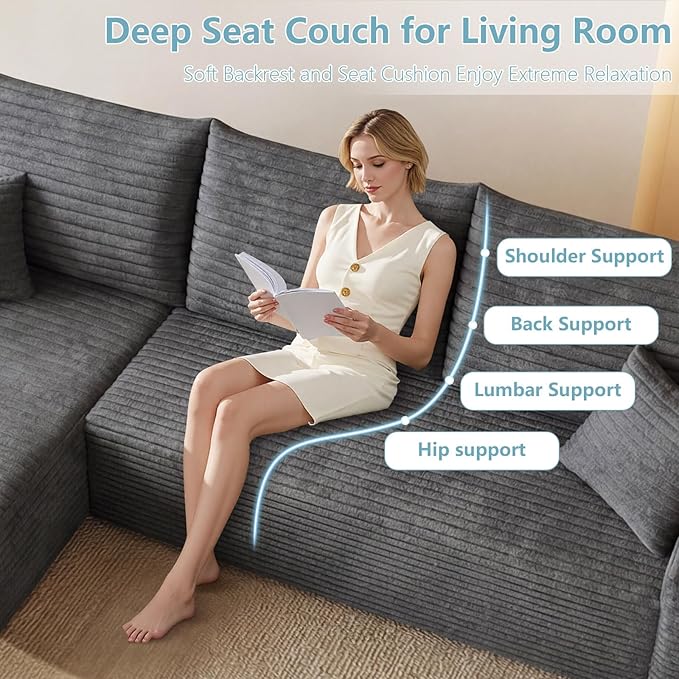 95" Cloud Sectional Couch with L-Shape Chaise, Modern Corduroy Boneless Couch for Living Room,Memory Foam Sofa with Deep Seat,No Assembly Required (Dark Gray,Left-Facing Chaise)