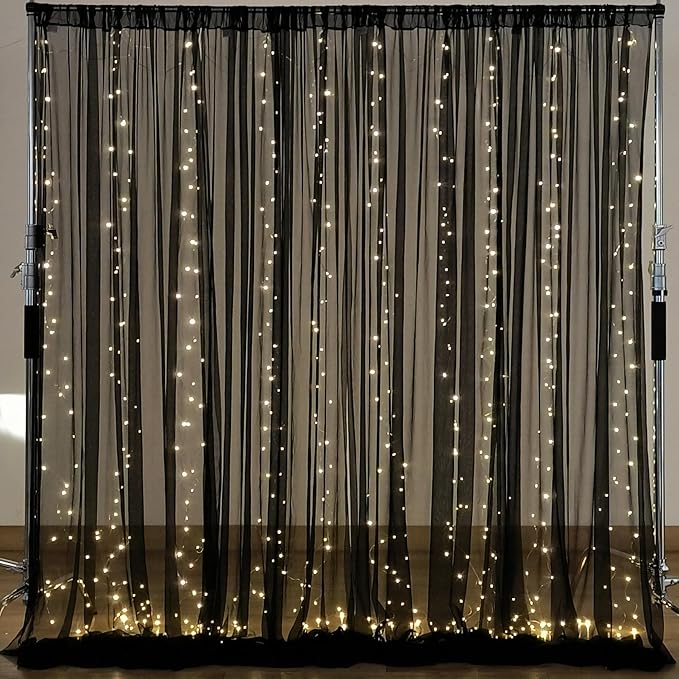 10×10ft Black Tulle Backdrop Curtain with Lights String for Parites, Sheer Photo Backdrop Curtains for Wedding Party Photo...