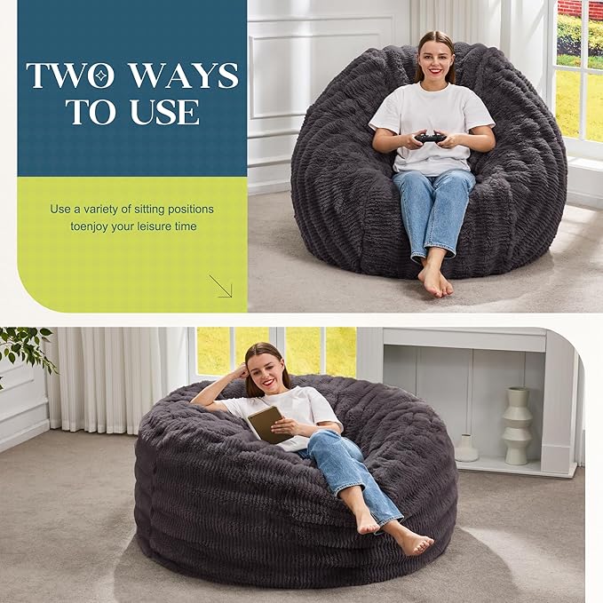 Hobestluk Bean Bag Chairs Beanbag Chair with Filler Adult Bean Bags with Fluffy Ripple Cover, Giant Bean Bag Chairs for Adults (Dark Grey, 5FT - 50" x 50" x 24")