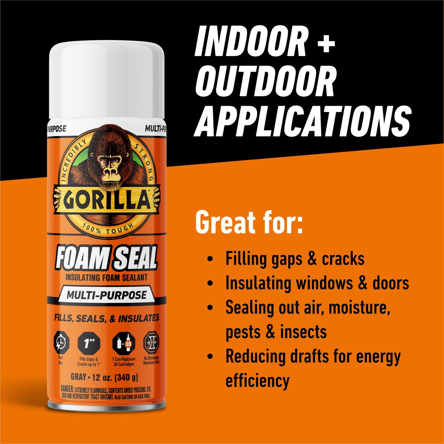 Gorilla Spray Foam Sealant, Light Gray Color, 12 Ounce (Pack of 2) - Multi-Purpose Expanding Foam, Polyurethane Spray, Fills Gaps & Cracks