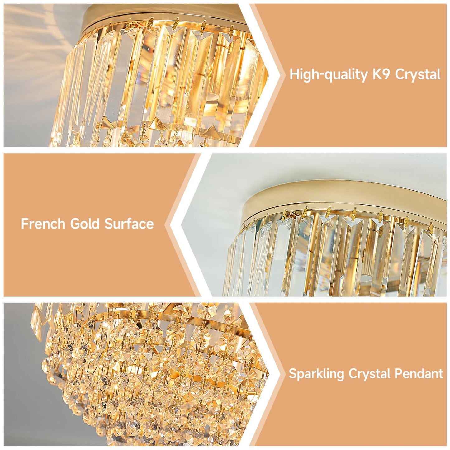 YMP&YZX Modern 3-Lights Crystal Chandelier French Gold,11.8" Semi Flush Mount Crystal Ceiling Light LED Round Chandelier Light E12 Base for Bedroom Living Room