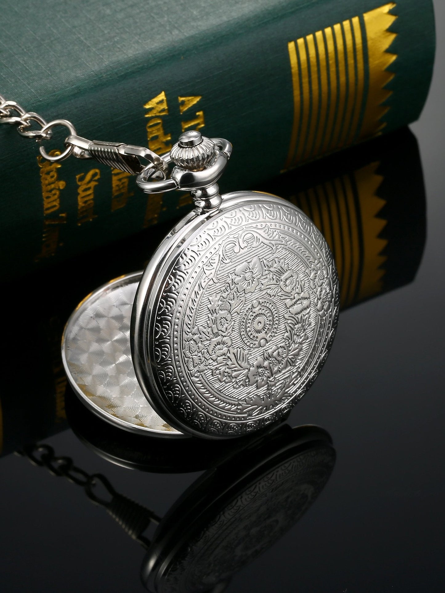 Hicarer Quartz Pocket Watch for Men with Black Dial and Chain Vintage Roman Numerals Christmas Gifts Birthday (Silver)