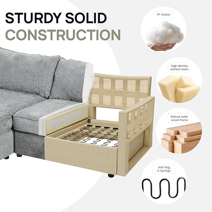 FIRLZY Modular Sectional 4 Seater Sofa with Removable Covers and Storage, Convertible L-Shaped and Sleeper Sectional, Modern Upholstered Couch with Removable Ottoman for Living Room, Gray