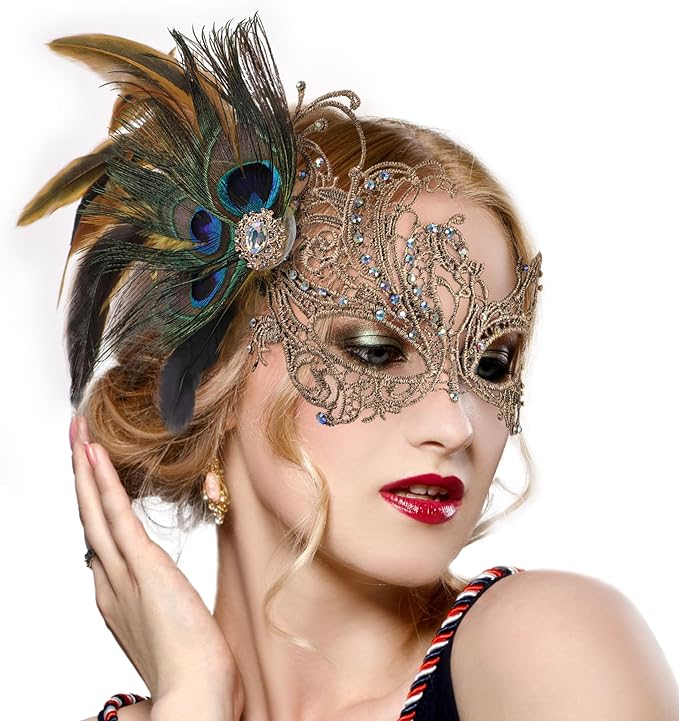 Zinniday Lace Masquerade Masks for Women - 1920s Peacock Feather Venetian Mask for Halloween Couples Mardi Gras Ball