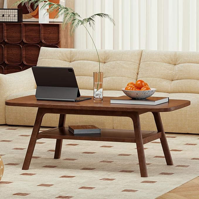 Wayshome 100% Solid Oak Wood Coffee Table with Storage Shelf, 2-Tier Rectangle Coffee Table for Living Room, Modern Center Table for Living Room (Walnut Colour, 47.24" W x22.05 D x 17.32" H)