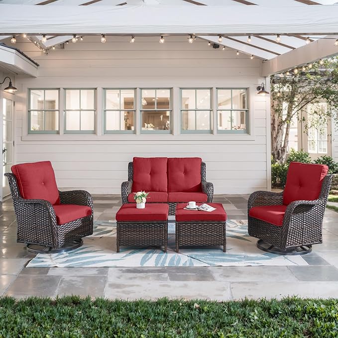 Belord 5 Piece Outdoor Patio Furniture Set - Wicker Furniture Patio Conversation Set, Outdoor Swivel Rocker Chairs with Loveseat Sofa and 2 Ottomans for Small Space, Red Cushion