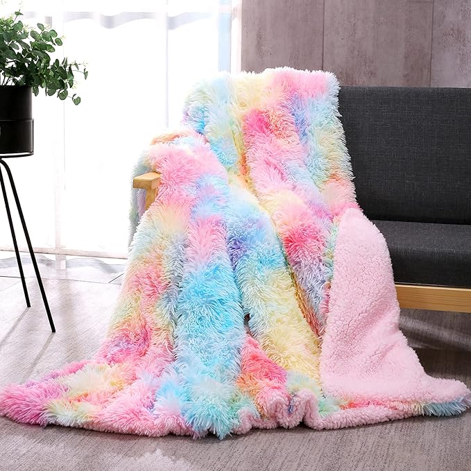 DANGTOP Fuzzy Faux Fur Throw Blanket, Tie Dye Fluffy Blanket, Super Soft Rainbow Blanket for Girls, Luxury Cozy Warm Plush...