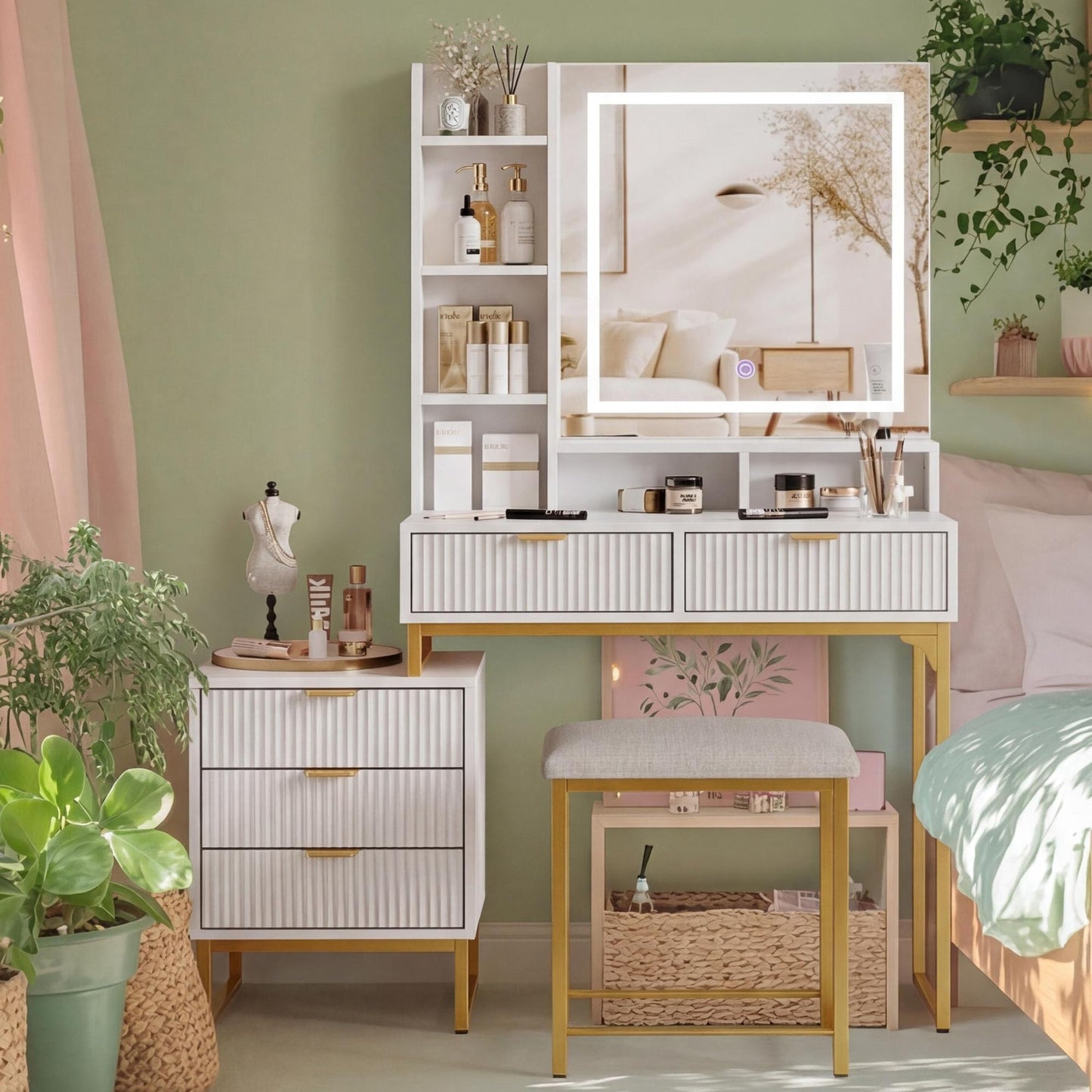 Garvee Makeup Vanity Desk with Mirror and Lights, Vanity Table with 5 Drawers, Vanity Set with Stool and Removable Side Storage Cabinet for Bedroom, White & Gold