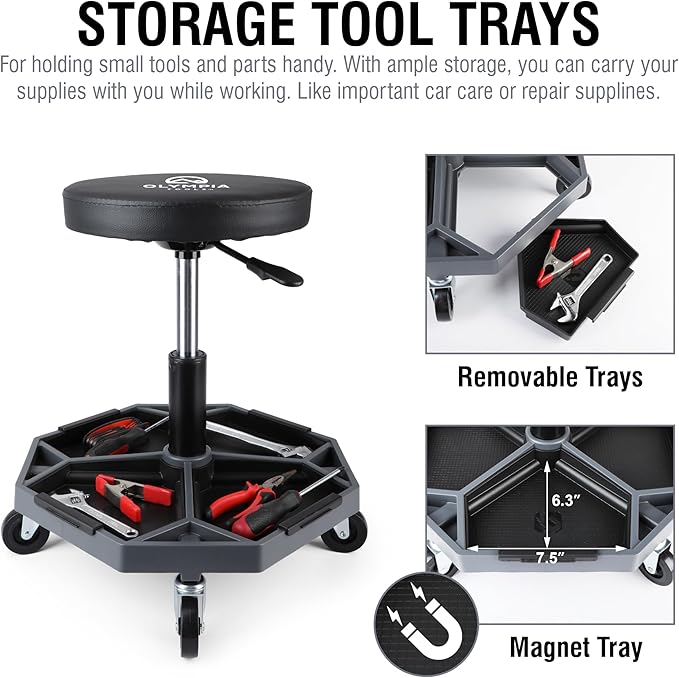 Olympia Tools Adjustable Hydraulic Rolling Mechanics Stool with with Removable Tool Tray, 300lbs Max Weight Capacity, 419-110-1002