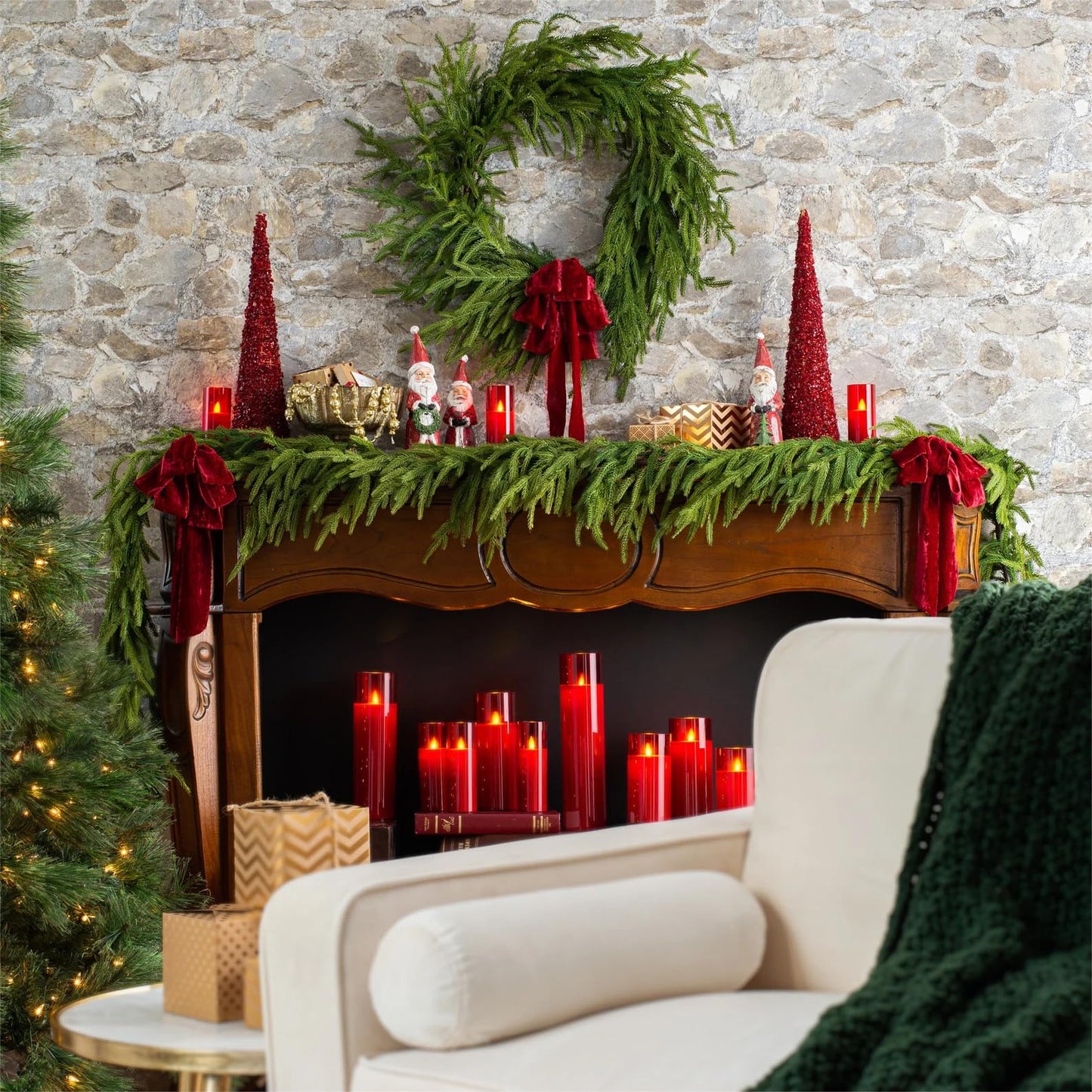 ENVEN Real Touch Norfolk Pine 22IN Green Wreath and Garland Artificial Faux Greenery Norfolk Pine for Holiday Indoor Mantle Decor (6FT)