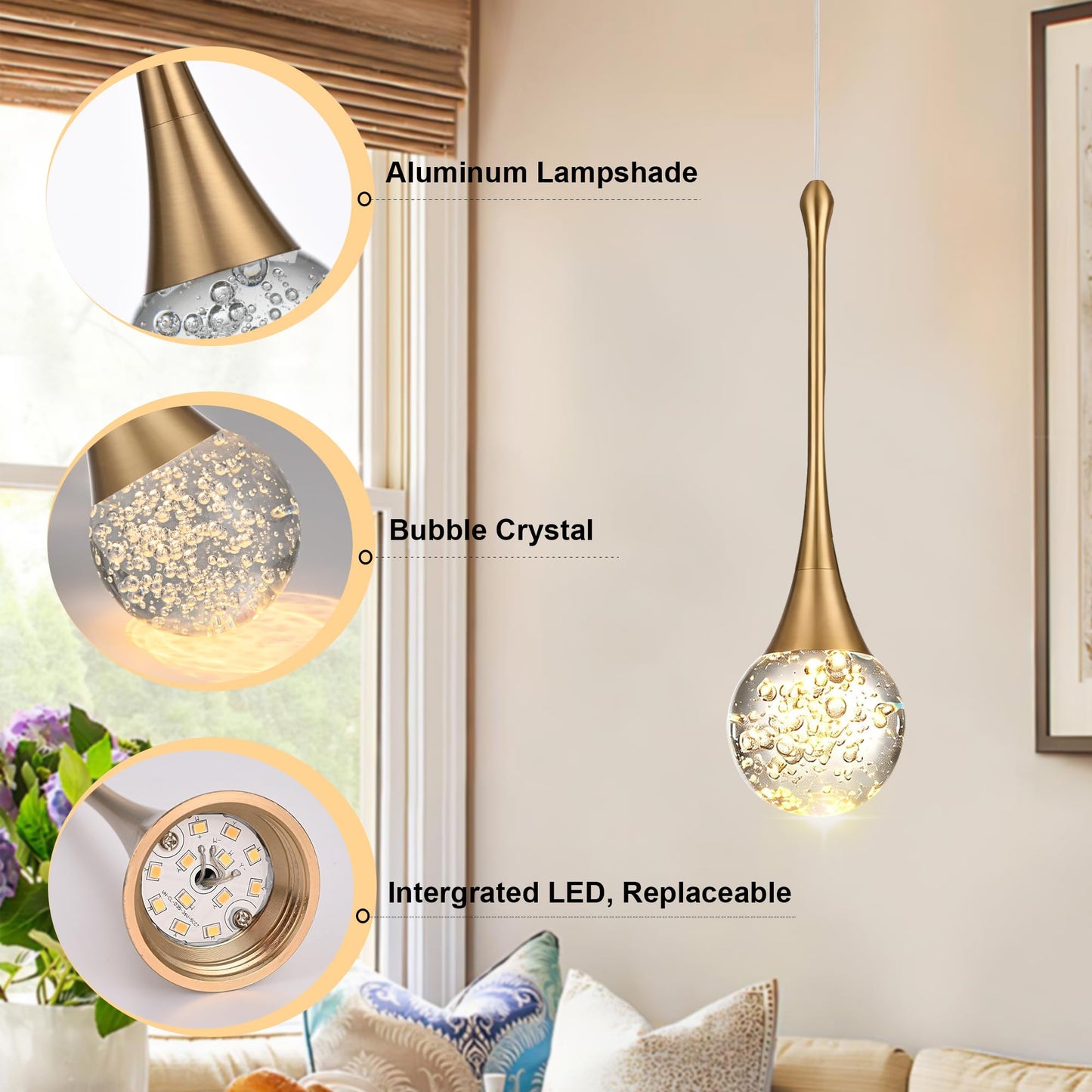 VINLUZ 3-Light Modern Crystal Chandelier, LED Bubble Raindrop Dimmable Pendant Lighting Fixture, Gold Luxury Elegant Adjustable Spiral Ceiling Light for Entryway Staircase Living Room