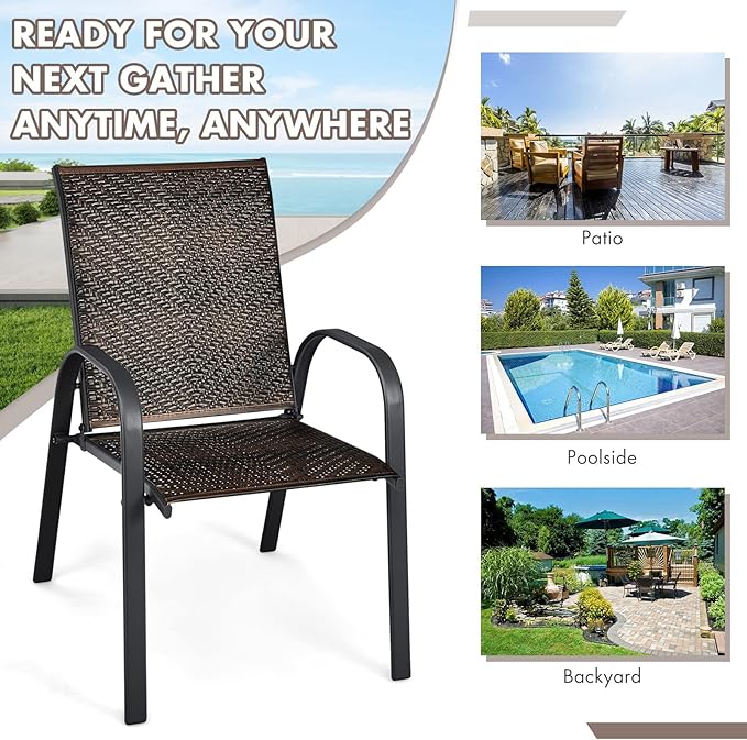 HAPPYGRILL 6 Pack Stackable Dining Chairs Outdoor PE Wicker Patio Arm Chairs with Rustproof Steel Frame, Bistro Deck Chairs for Backyard Garden and Poolside