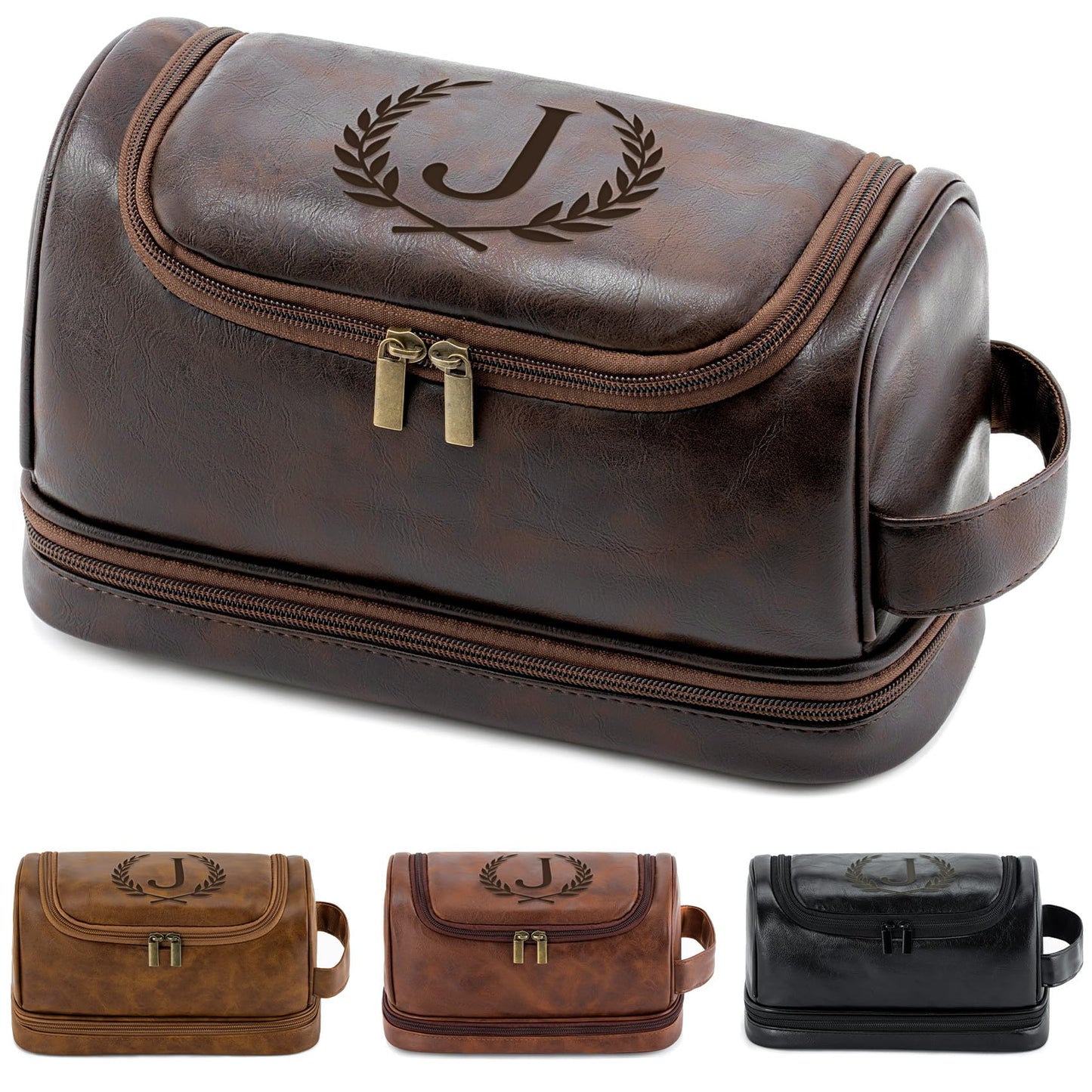 Aganmi Personalized Christmas Birthday Gifts Toiletry Bag for Men Dad Husband, Custom Initial PU Leather Waterproof Toiletry Organizer Dopp Kit Shaving Bag Travel Essential for Men, Dark Brown J