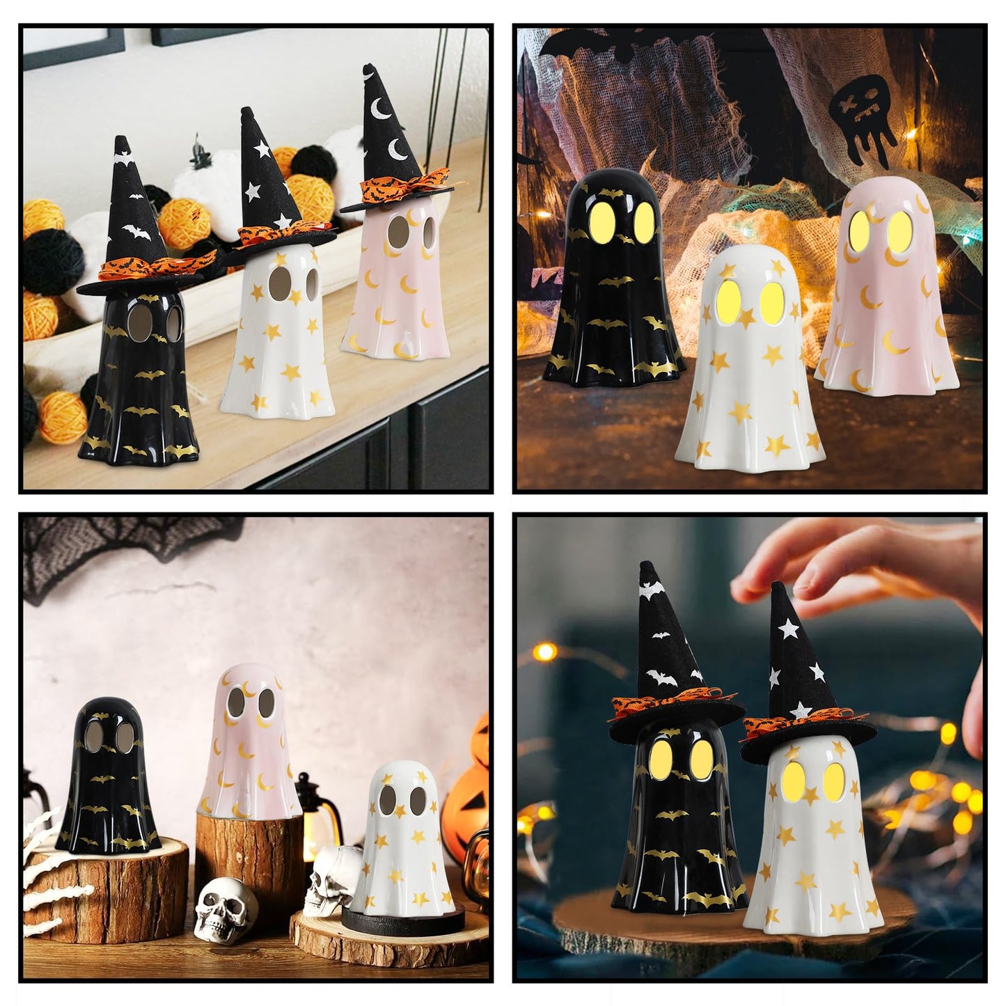 DAZONGE Halloween Decorations Indoor, Set of 3 Ceramic Ghosts with Witch Hats, Cute Spooky Halloween Ghost Figurines for Mantel, Shelf & Tabletop Decor