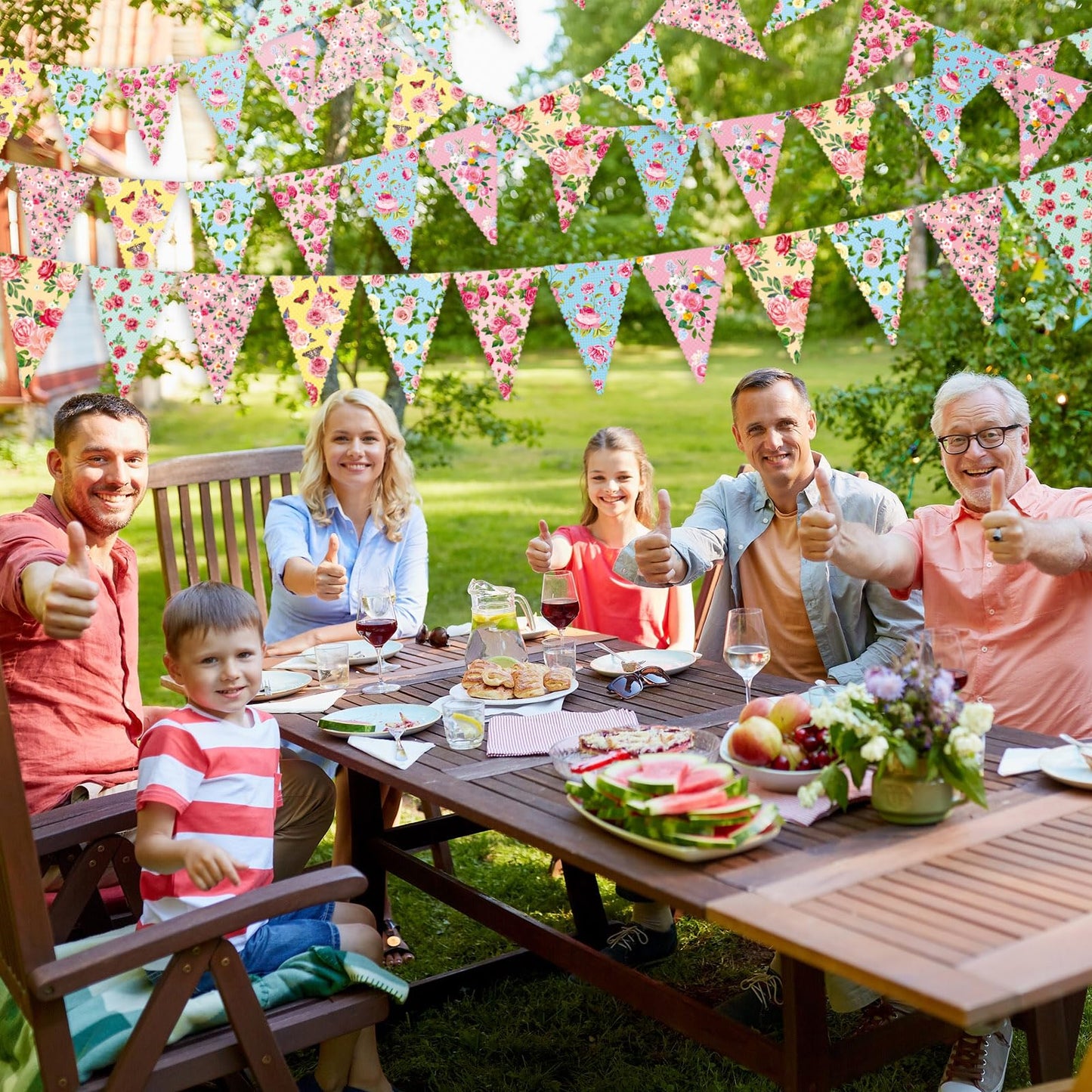 Faccito 49 ft 60 Pcs Tea Floral Party Paper Bunting Decor Outdoor Bunting Banner Floral Pennant Banner Tea Party Birthday Supplies for Wonderland Garden Baby Shower Bridal Wedding Bedroom