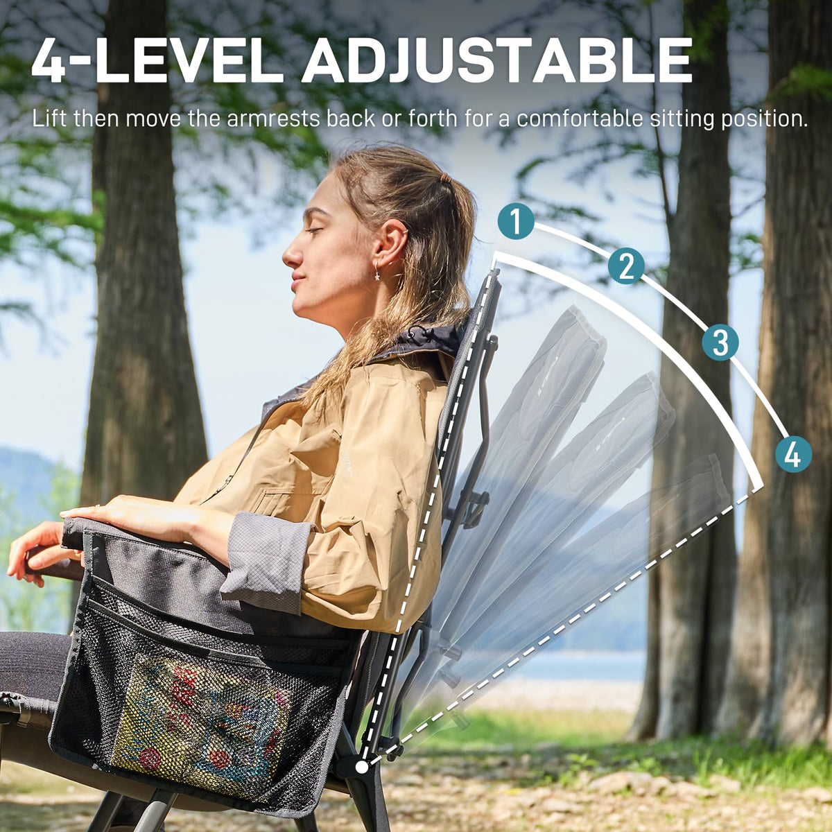 EVER ADVANCED Reclining Camping Chairs for Adult Lightweight, Portable Compact Folding Chair with Adjustable Back,4-Level Recliner Chairs, Lawn Chair for Patio Balcony, Supports 350lbs, Grey
