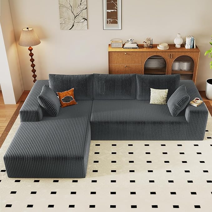 96" Cloud Sectional Couch with L-Shape Chaise, Modern Corduroy Boneless Couch for Living Room,Memory Foam Sofa with Deep Seat,No Assembly Required (Grey,Left-Facing Chaise)