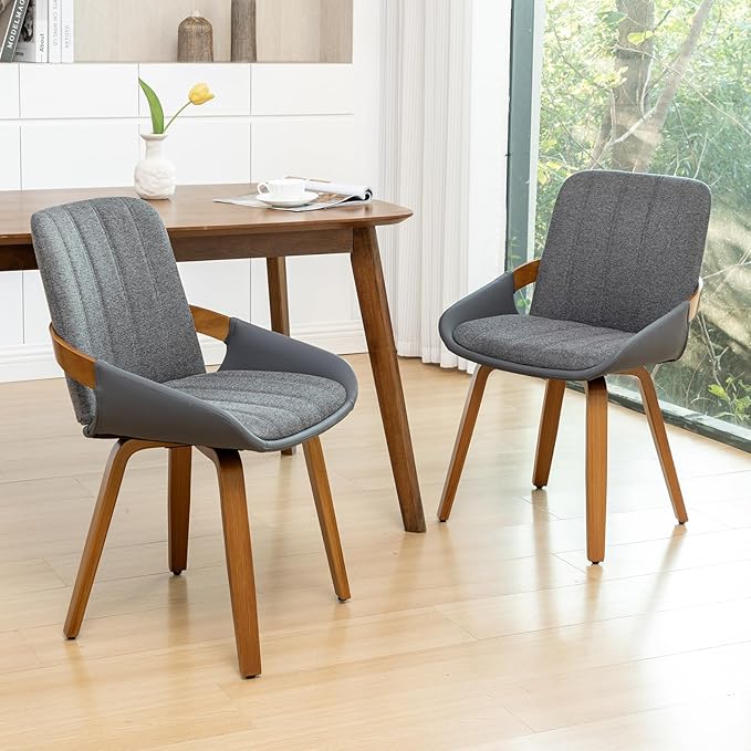 YOUUGIOR Dining Room Chairs,Mid Century Modern Gray Fabric+Faux Leather Kitchen Chairs Armless,Bamboo Legs Side Chairs No Wheels,Accent Chair for Dining Rooms,1PCS