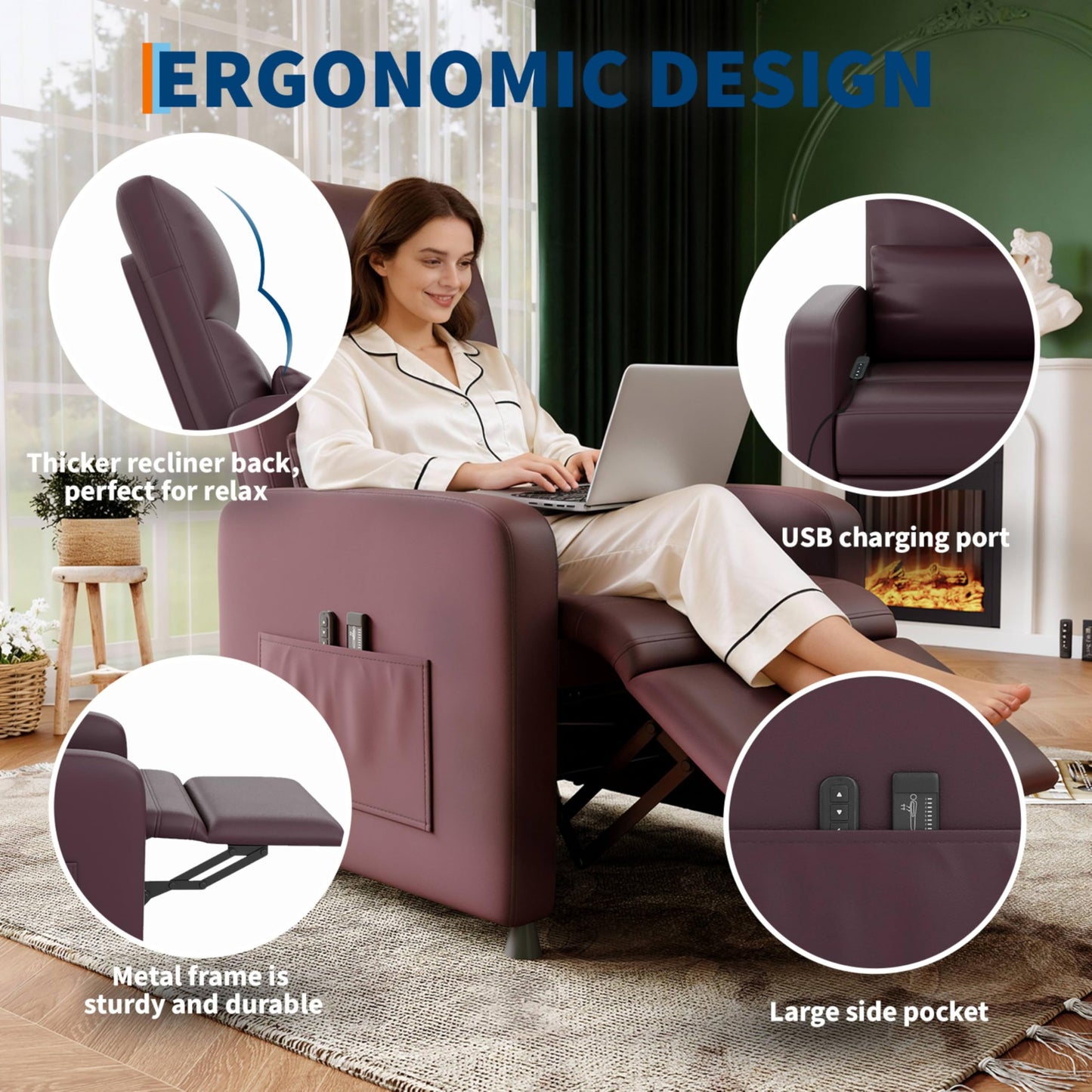 GarveeHome Power Recliner Chair, Adjustable Electric Recliner Ergonomic Overstuffed PU Leather Single Sofa, Tall Back, Padded Seat, 2 Side Pockets and USB Port, Home Theater Seating for Living Room
