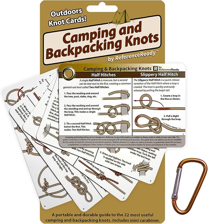 ReferenceReady Outdoor Knots - Waterproof Knot Tying Cards with Mini Carabiner - Includes 22 Rope Knots for Camping, Backp...