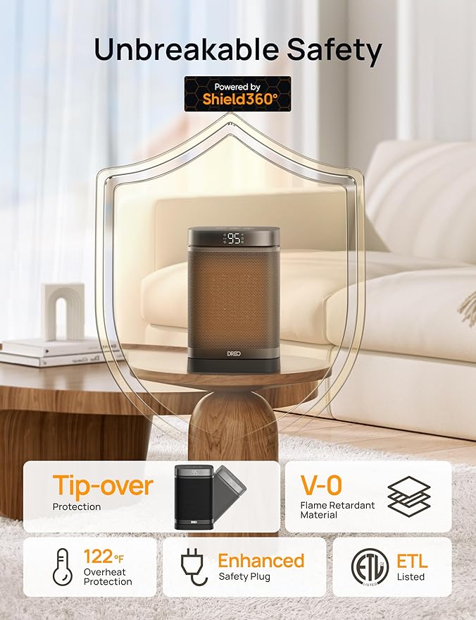 DREO Space Heater, 1500W Portable Electric Heaters for Indoor Use, PTC Ceramic Heater for Office with Remote, Thermostat, 70°Oscillation, 12H Timer, 5 Modes, Safe Quiet Room Heater for Bedroom