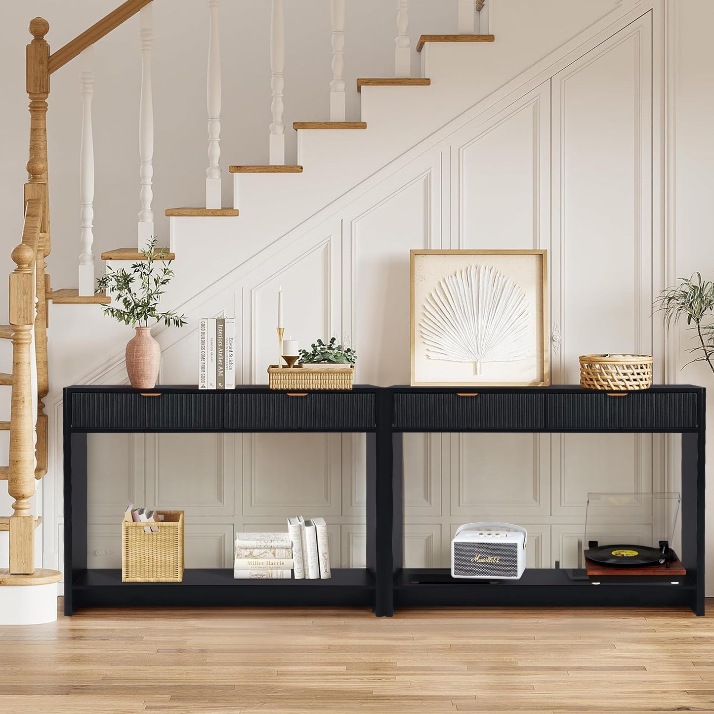 affeivul Entryway Table with Storage, Narrow Console Table with 2 Drawers, 43.3' Couch Table Behind Sofa Skinny for Living Room TV/Hallway Entrance Foyer, Mid Century Modern Black Fluted Console Table