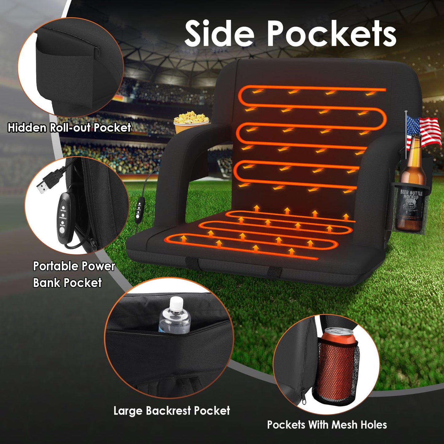 HOPERAN Heated Stadium Seats for Bleachers with Back Support Wide Cushion, Extra Portable Bleacher Seat Foldable Stadium Chair, USB 3 Levels of Heat, Pockets for Outdoor Indoor Sports 23" Black 2pcs