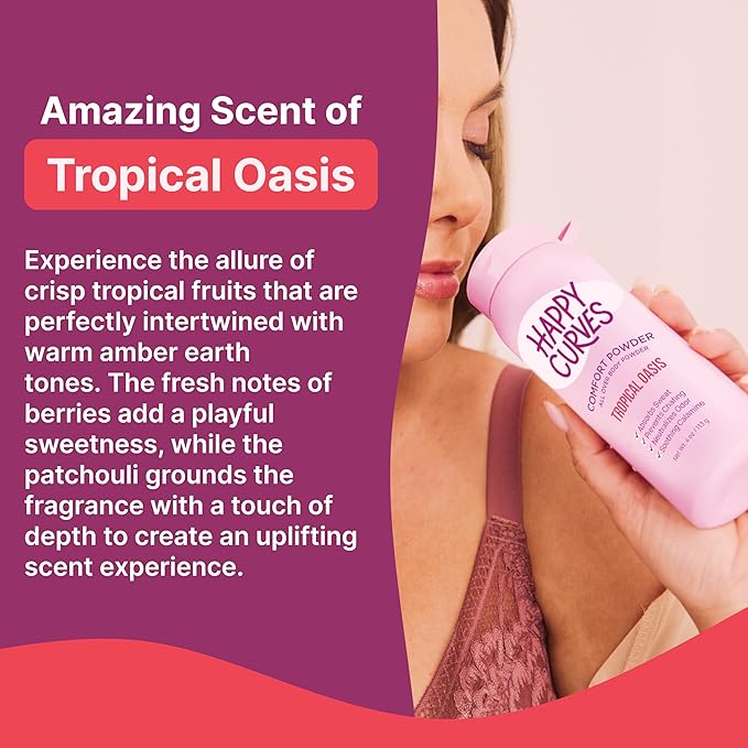 HAPPY CURVES Comfort Powder: Talc Free Anti Chafe Body & Foot Dusting Powder Deodorant to Control Inner Thigh Chafing, Private Areas, and All Over Body for Women 4 oz. (1 Pack, Tropical Oasis)