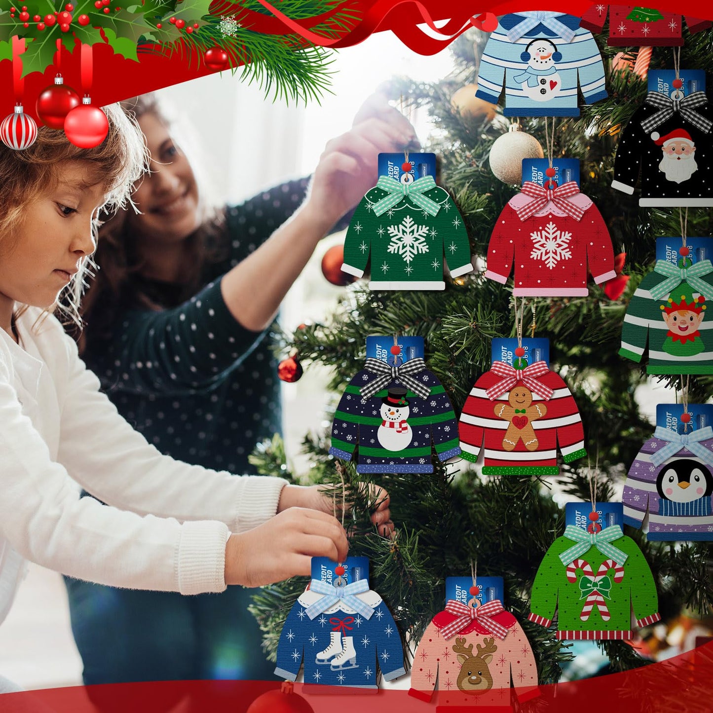 Dispowreath 12 Pcs Christmas Gift Card Holder Ugly Sweater Shaped Wooden Money Holders Money and Card Sleeves Christmas Cash Holders Merry Xmas Gift Tags Winter Holiday(Stripe)