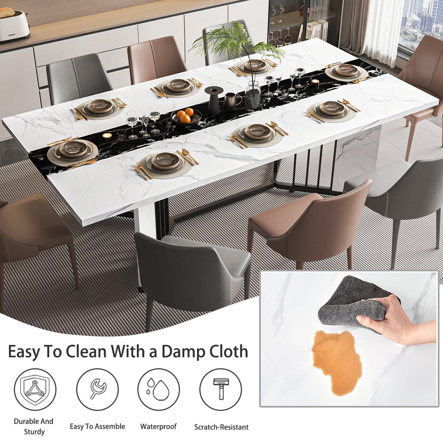DalyLuxa 71inch Dining Table for 6-8 People, Large Rectangular Wood Kitchen Table with Marble Watrproof Tabletop and Adjustable Leg for Kitchen, Dining Room
