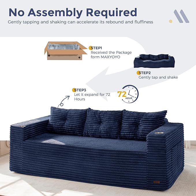 MAXYOYO 79" Oversized Boneless Loveseat Sofa Couch for Small Spaces, Mini Love Seat Floor Couch with Cup Holders and Pillows, 3-Seater Upholstered Cloud Couch for Bedroom, No Assembly Required