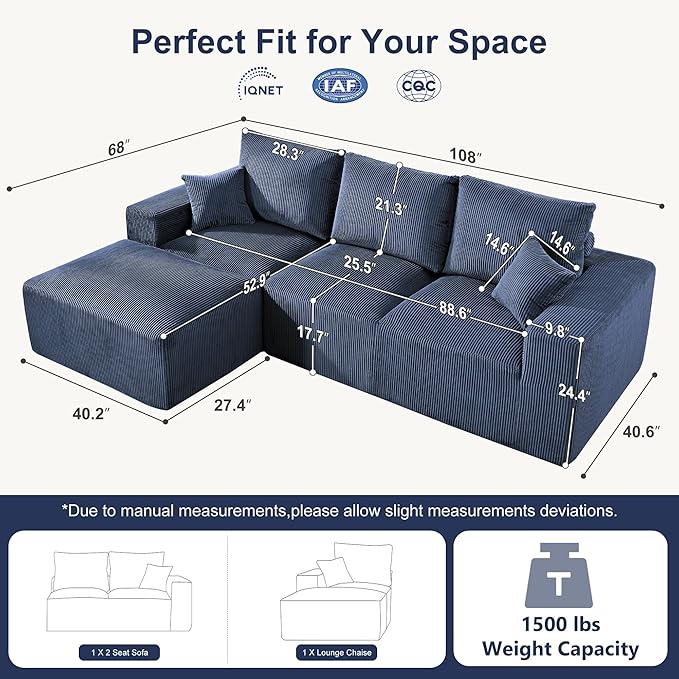 108" Modular Sectional Sofa, Compression Sofa with Deep Seat, Modular L-Shape Couch with Chaise, Upholstered Couches for Living Room Bedroom, No Assembly Required (Blue Corduroy, 108" L Shape)