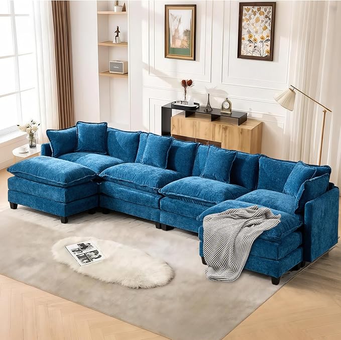 SoarFlash 149.61" Chenille Sectional Sofa, Comfy U Shaped Modular Coush Sofa with Ottoman, Modern 4 Seat Couch Deep Seat Sofa Set for Living Room,Blue