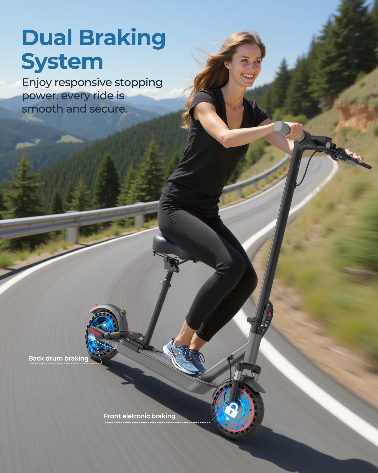 Electric Scooter with Seat, 500W Motor, 10" Solid Tires Electric Scooters for Adults & Teens, MAX 22Mph, 22 Miles Long Range, Folding E-Scooter with Dual Suspension and Braking System