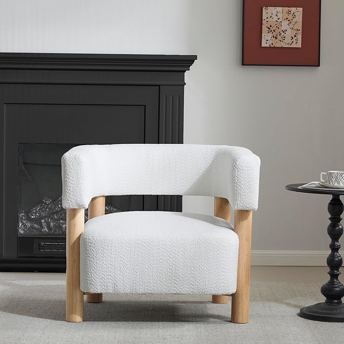 Christopher Knight Home Carly Low Profile Accent Chair, Round Backrest Side Chair, Living Room Armchair with Boucle Fabric Cushion, Comfy Reading Chair for Bedroom, Wooden Single Lounge Sofa, White
