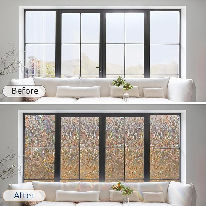 rabbitgoo Window Privacy Film Rainbow Film Decorative Window Sticker, 3D Static Stained Glass Cling Tint for Home Heat Control Non-Adhesive, Brown, 17.5 x 78.7 inches