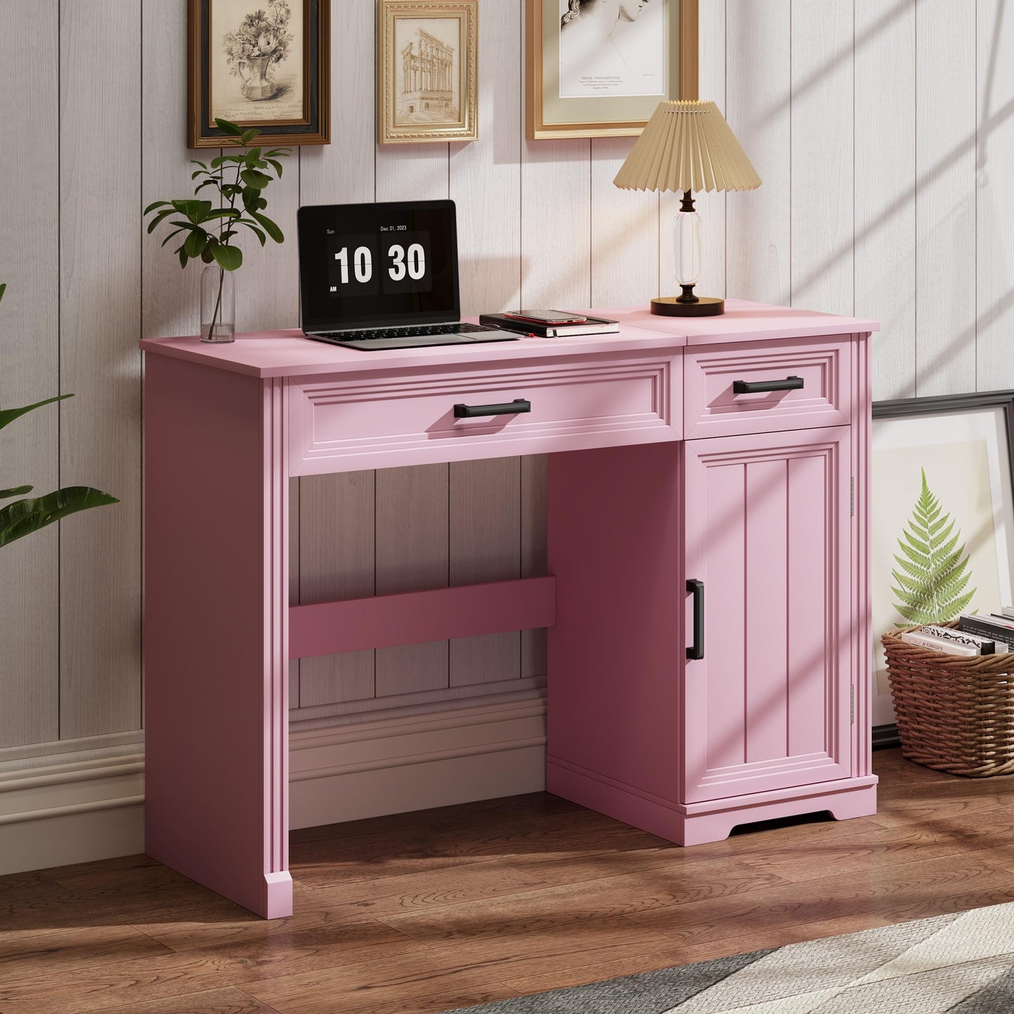 FOMNEY Farmhouse Vanity Desk with Flip Top Mirror, 43.3" W Makeup Vanity with Drawers, Storage Cabinet, Dressing Make Up Vanity Table for Bedroom, Wood Home Office Desk, Pink