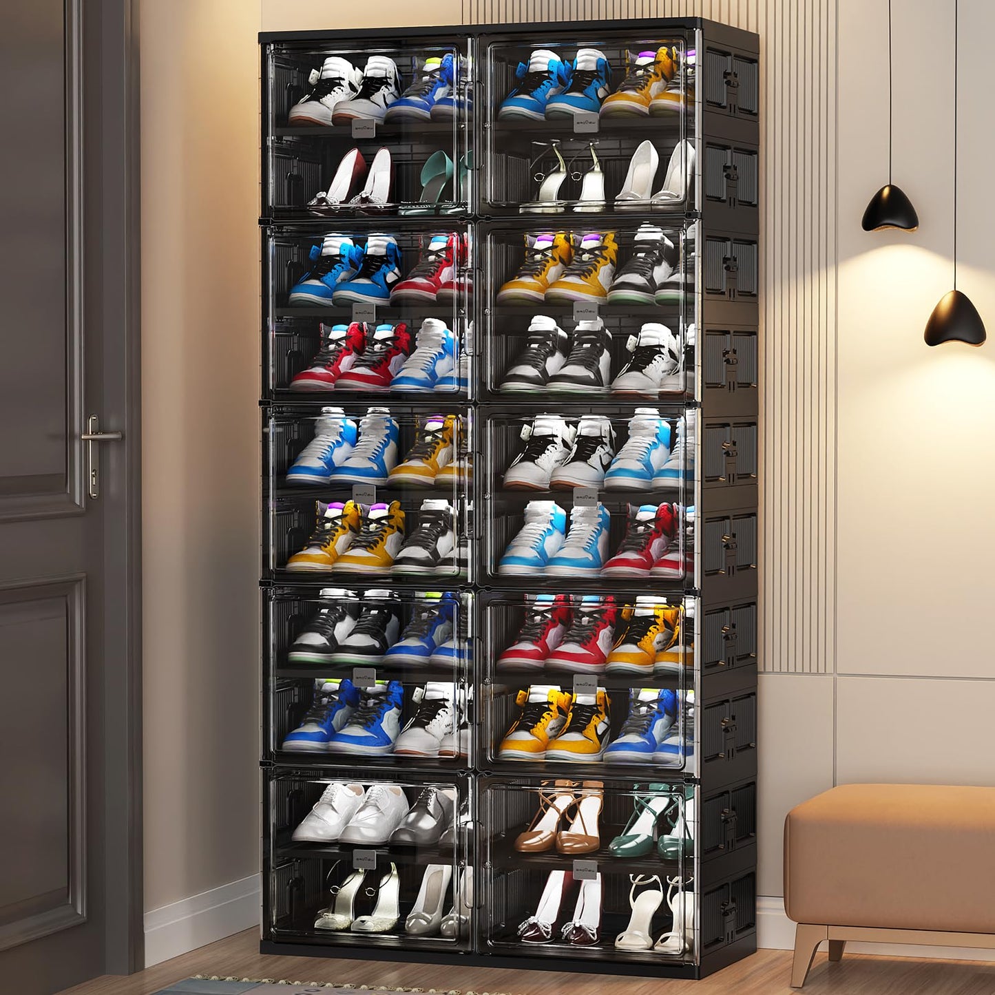BROVIEW 10 Tiers 40 Pairs Large Plastic Shoe Storage Organizer Cabinet for Entryway, Hard Stackable Collapsible Shoe Box Organizer for Closet, Portable Folding Shoe Rack with Doors, Black S9