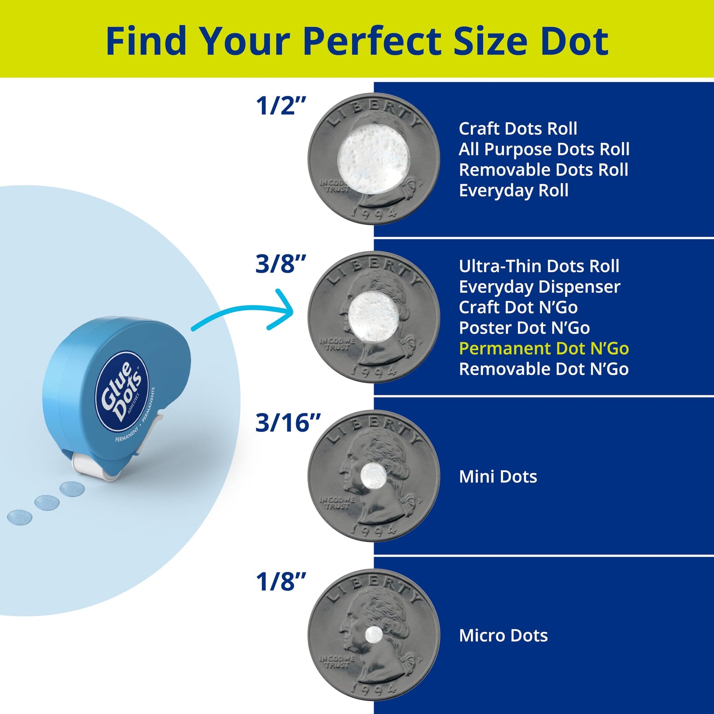 Glue Dots, Permanent Dots Dot N' Go Dispenser, Double-Sided, 3/8", .38 Inch, 200 Dots, DIY Craft Glue Tape, Sticky Adhesive Glue Points, Liquid Hot Glue Alternative, Blue-Tinted