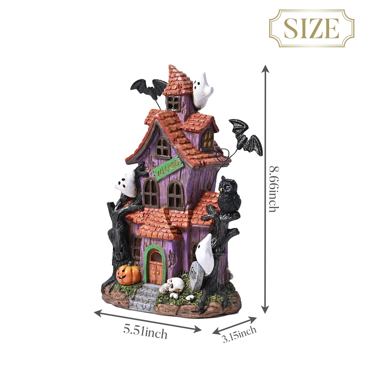 Valery Madelyn Halloween Decorations, Lighted Halloween Village Houses with LED Lights, Resin Spooky Town Happy Haunted House for Home and Party Table Desk Mantel, 9 Inch