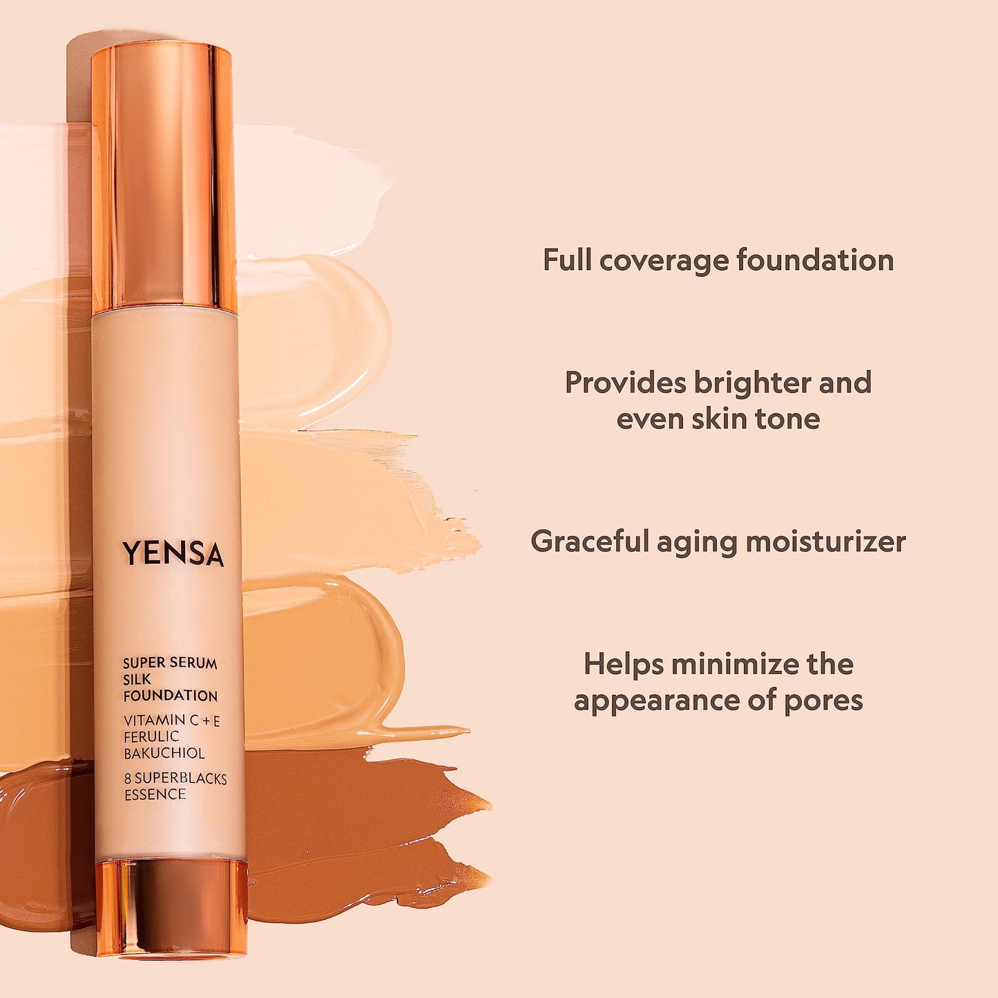 YENSA Serum Foundation Makeup - Super Silk Full Coverage Foundation Enriched with Peptides, Vitamin C & Ferulic Acid to Help Red