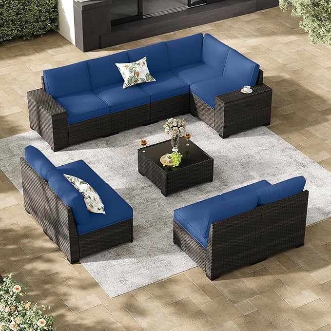 SunloungeCo Patio Furniture Set, 10 Pieces Outdoor Couch Sofa with Wider Armrests & Glass Coffee Table, Outdoor Sectional Furniture with Thick Cushions for Party, Poolside,Garden-Navy