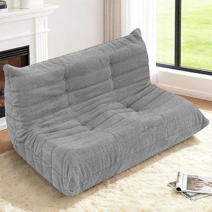 HABUTWAY Bean Bag Chairs Fireside Lazy Floor Sofa, Soft Teddy Fleece 2 Seater Sofa with High-Resilience Foam Filling，Beanbag for Living Room, Bedroom, Office (Light Gray Teddy)