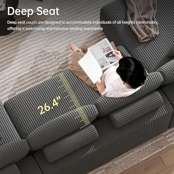 DURASPACE 126.2'' U Shaped Modular Sectional Sofa Couch Convertible 4-Seater Boneless Couches for Living Room (Gray)