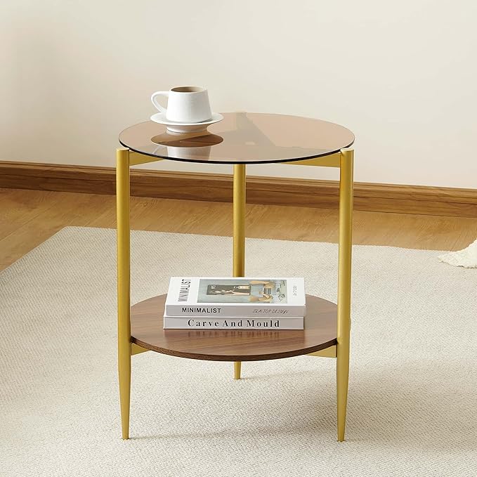 Pine Flicker Round End Table, Mid-Century Modern Design, D20*H23 inch, for Living Room, 2-Tier Structure, Amber Glass Top and Walnut MDF Shelf, Sleek Conical Metal Legs with Gold Finish